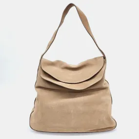 Beige Suede Double Flap Top Shoulder Bag