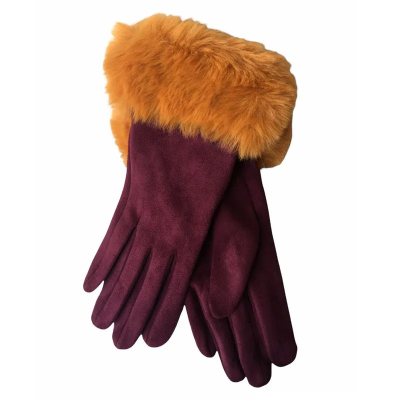 Bettina Faux Fur & Suede Gloves Damson