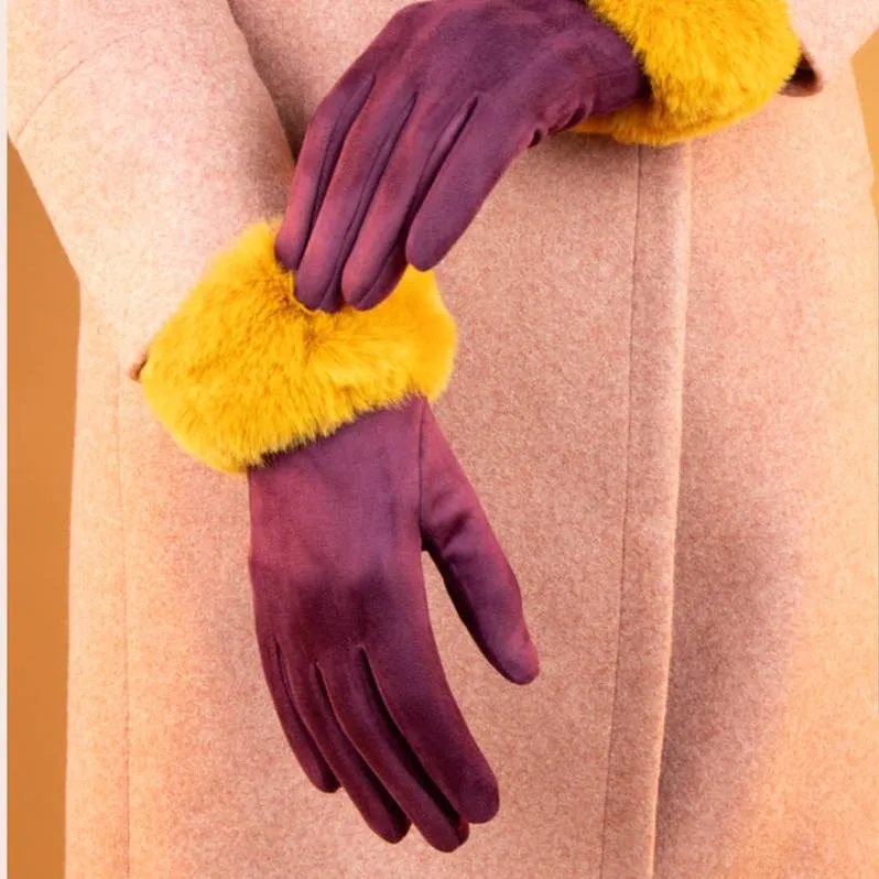 Bettina Faux Fur & Suede Gloves Damson