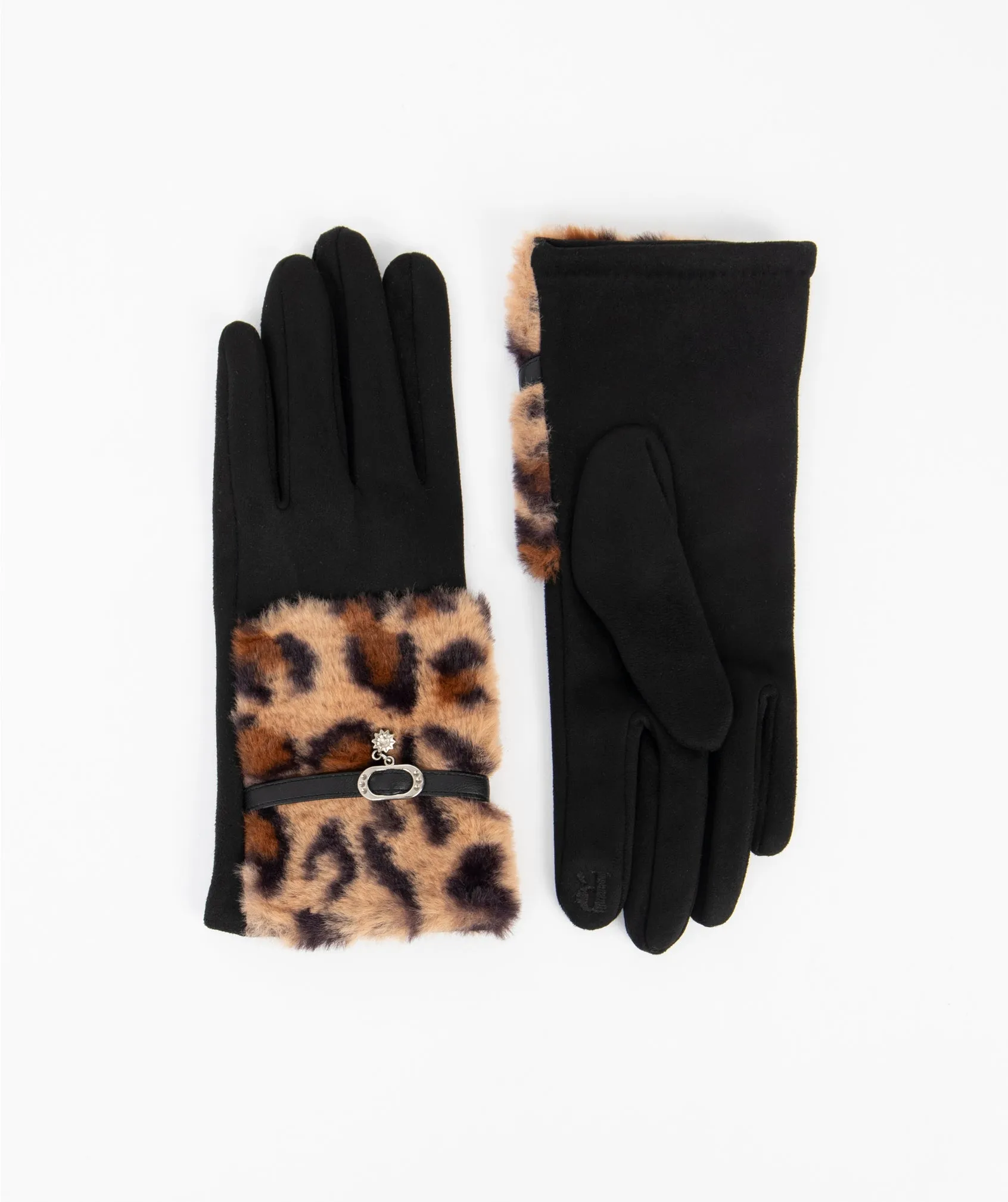 Black Gloves with a Deep Leopard Print Faux Fur Cuff