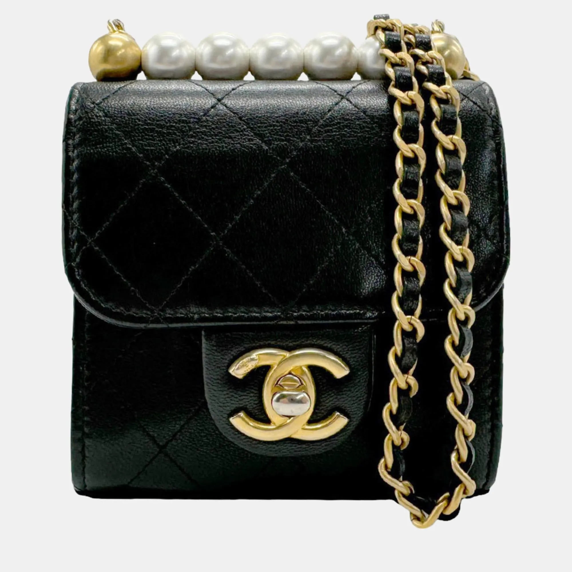 Black Quilted Goatskin Mini Chic Pearls Flap Clutch with Chain