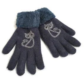 Cat Faux Fur Gloves - Navy Blue