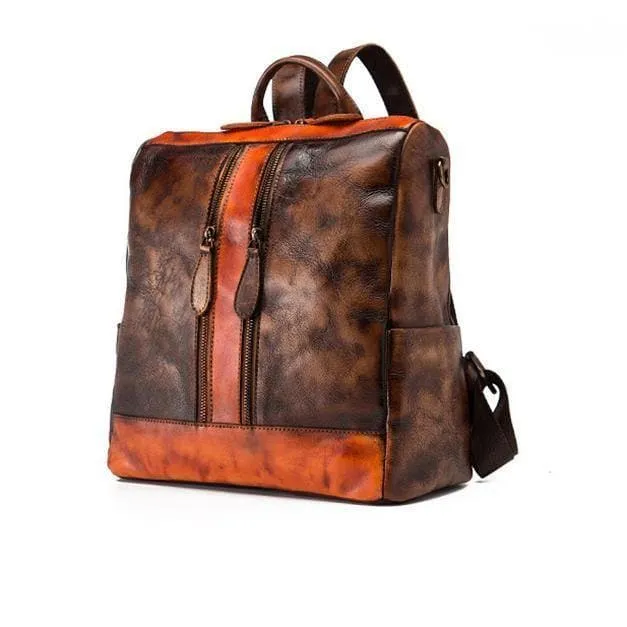 Chic Omychic Casual Travel chocolate Color Matching Leather Backpack