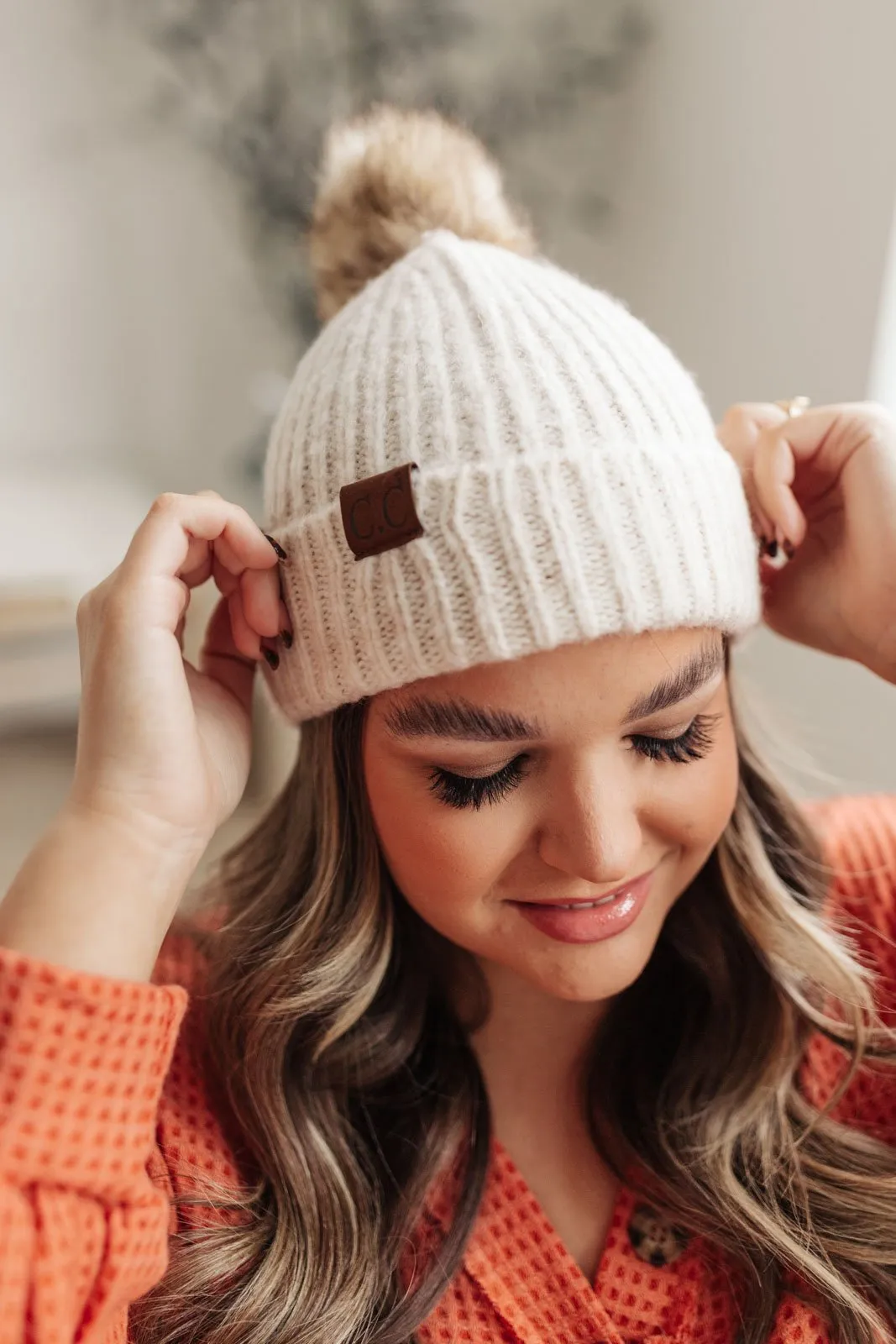 Classic Rib Beanie w/ Faux Fur Pom