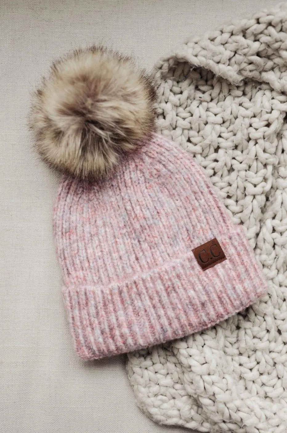 Classic Rib Beanie w/ Faux Fur Pom