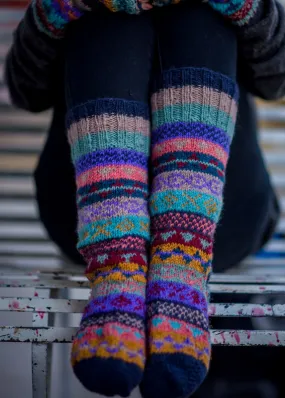 Dark Blue MultiColor Woolen Knee High Socks