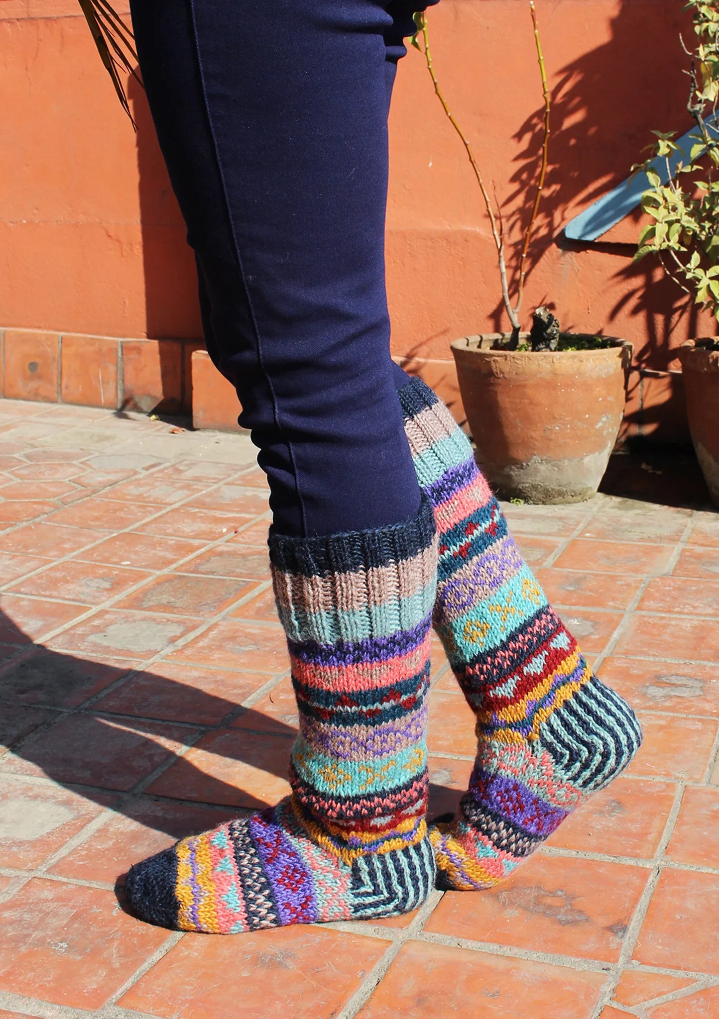 Dark Blue MultiColor Woolen Knee High Socks