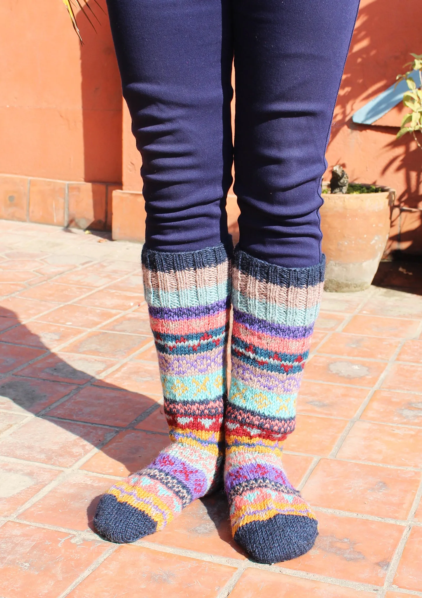 Dark Blue MultiColor Woolen Knee High Socks