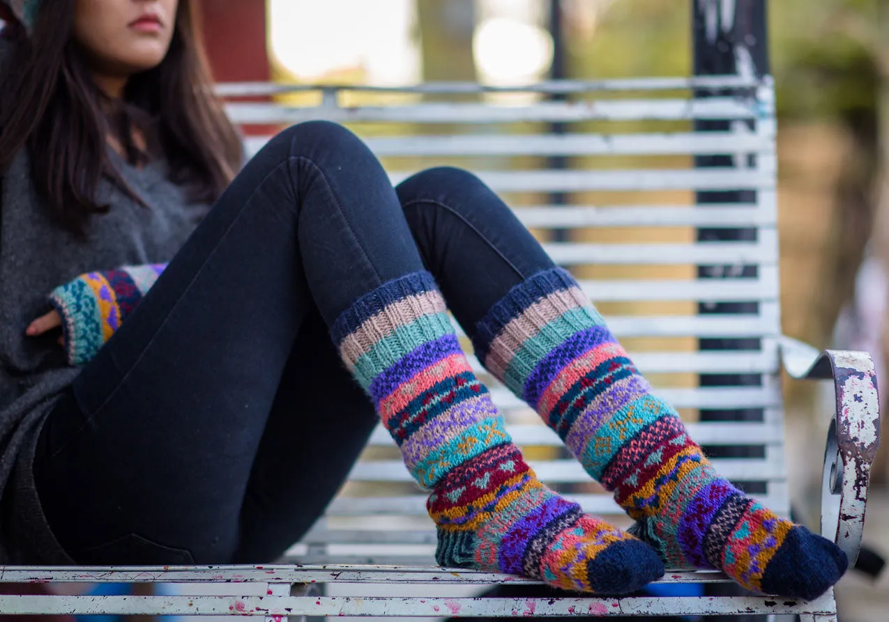 Dark Blue MultiColor Woolen Knee High Socks