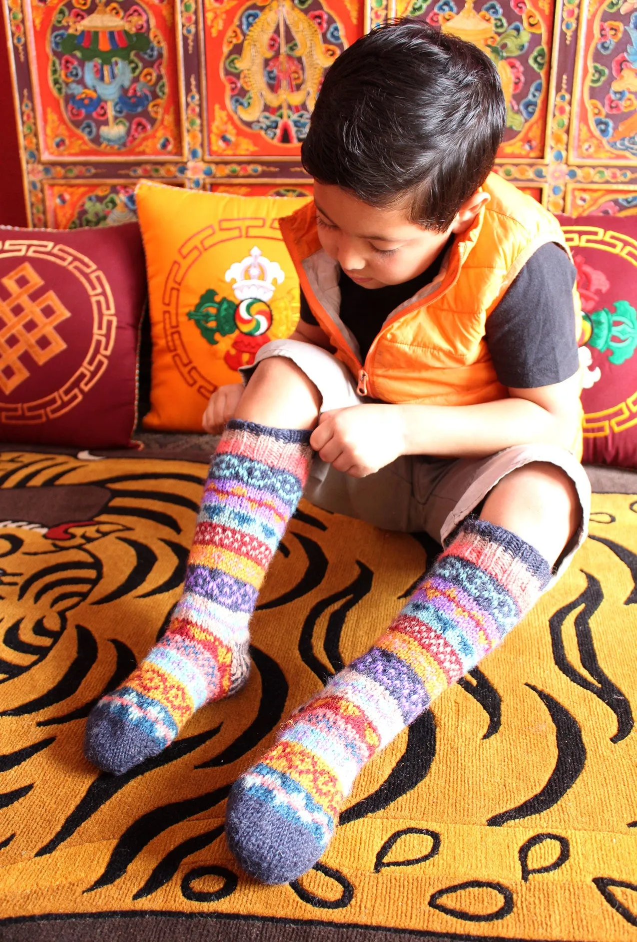 Dark Blue Multicolored Children Woolen Socks