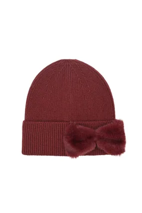 Faux Fur Ribbon Beanie - Burgundy