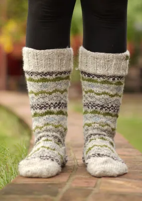 Hand Knitted White and Olive Green Knee High Socks