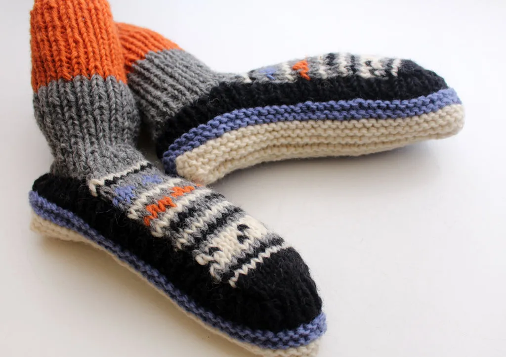 Handknitted Orange and Grey Multicolor Woolen Socks