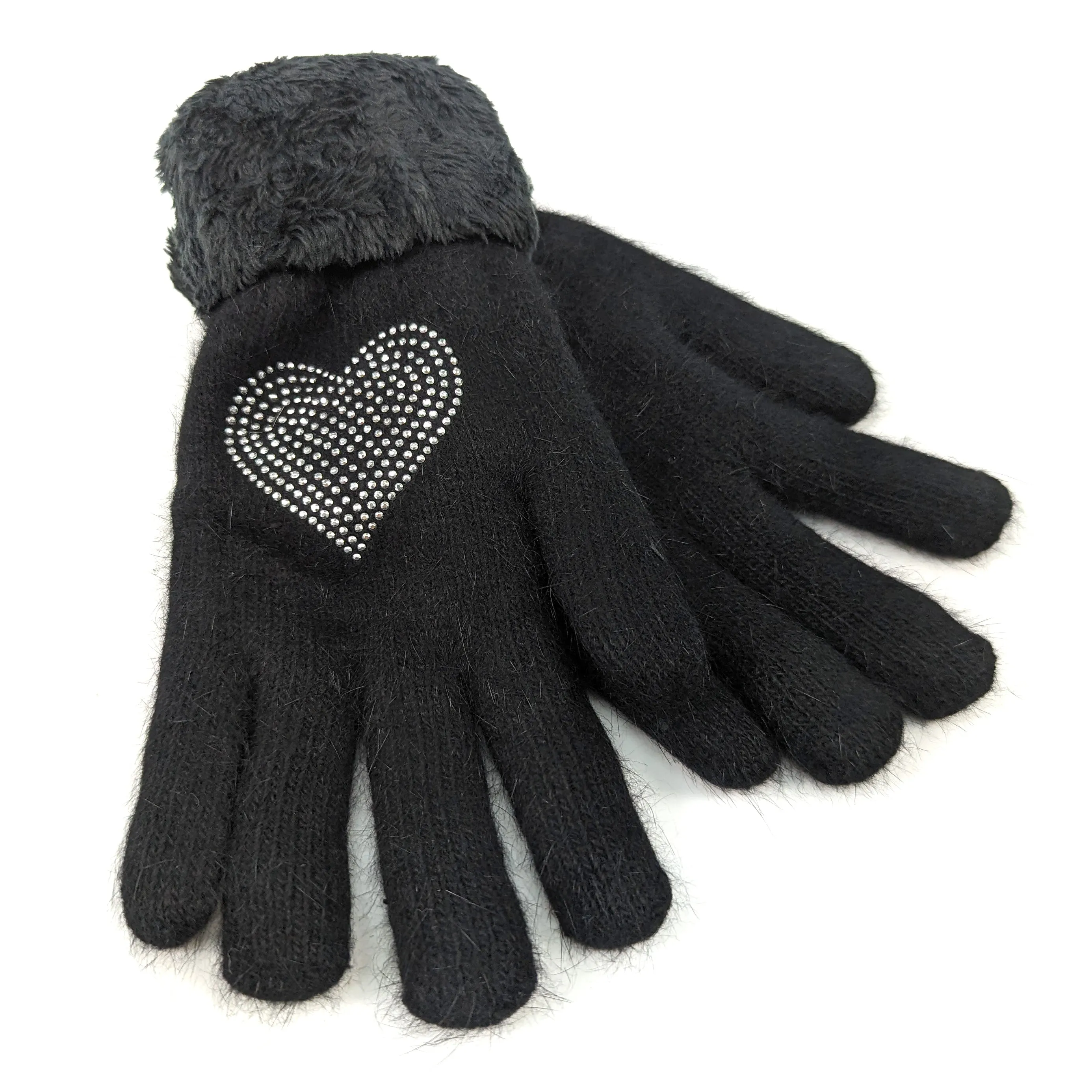 Heart Faux Fur Gloves - Black