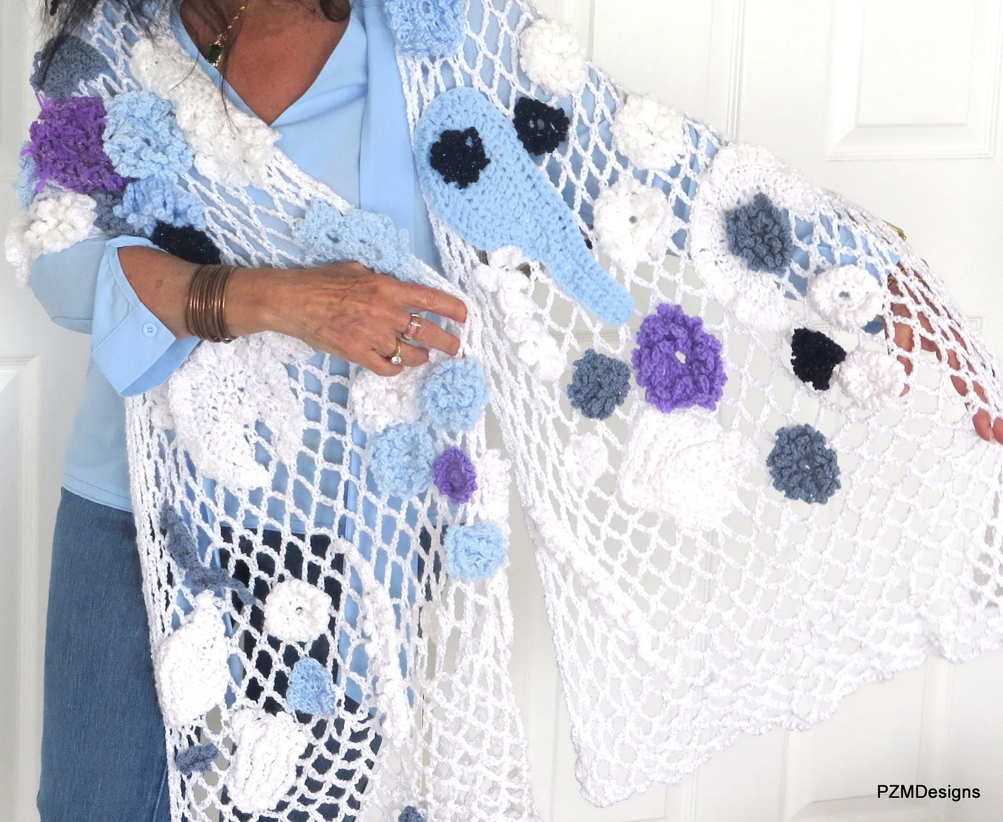 Large Crochet White Bridal Shawl with Flower Appliques