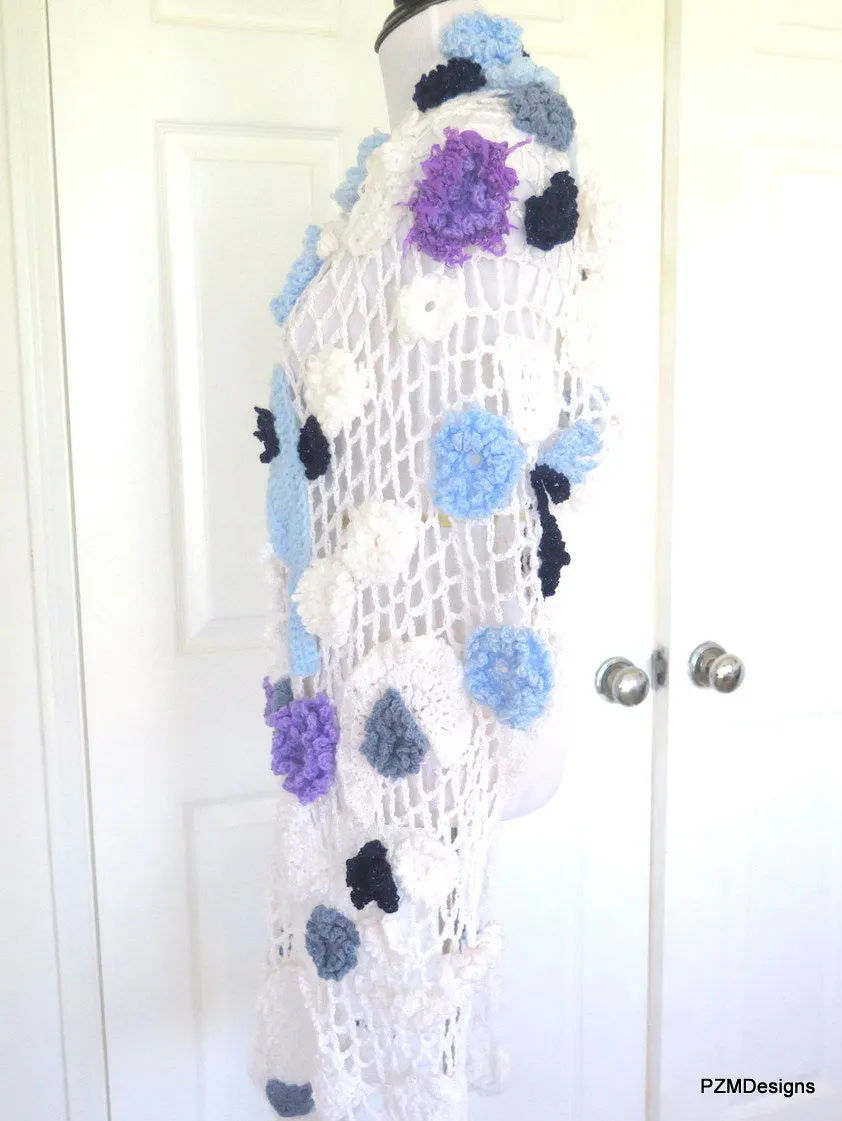 Large Crochet White Bridal Shawl with Flower Appliques