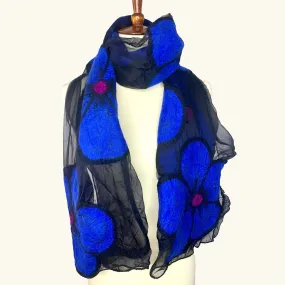 Midnight Floral Blue Floral  Merino Wool and Chiffon Silk Scarf