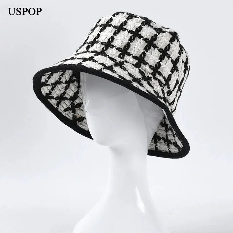 New Autumn Winter Women Bucket Hats Tweed Plaid Wide Brim Bucket Hats Panama Hats