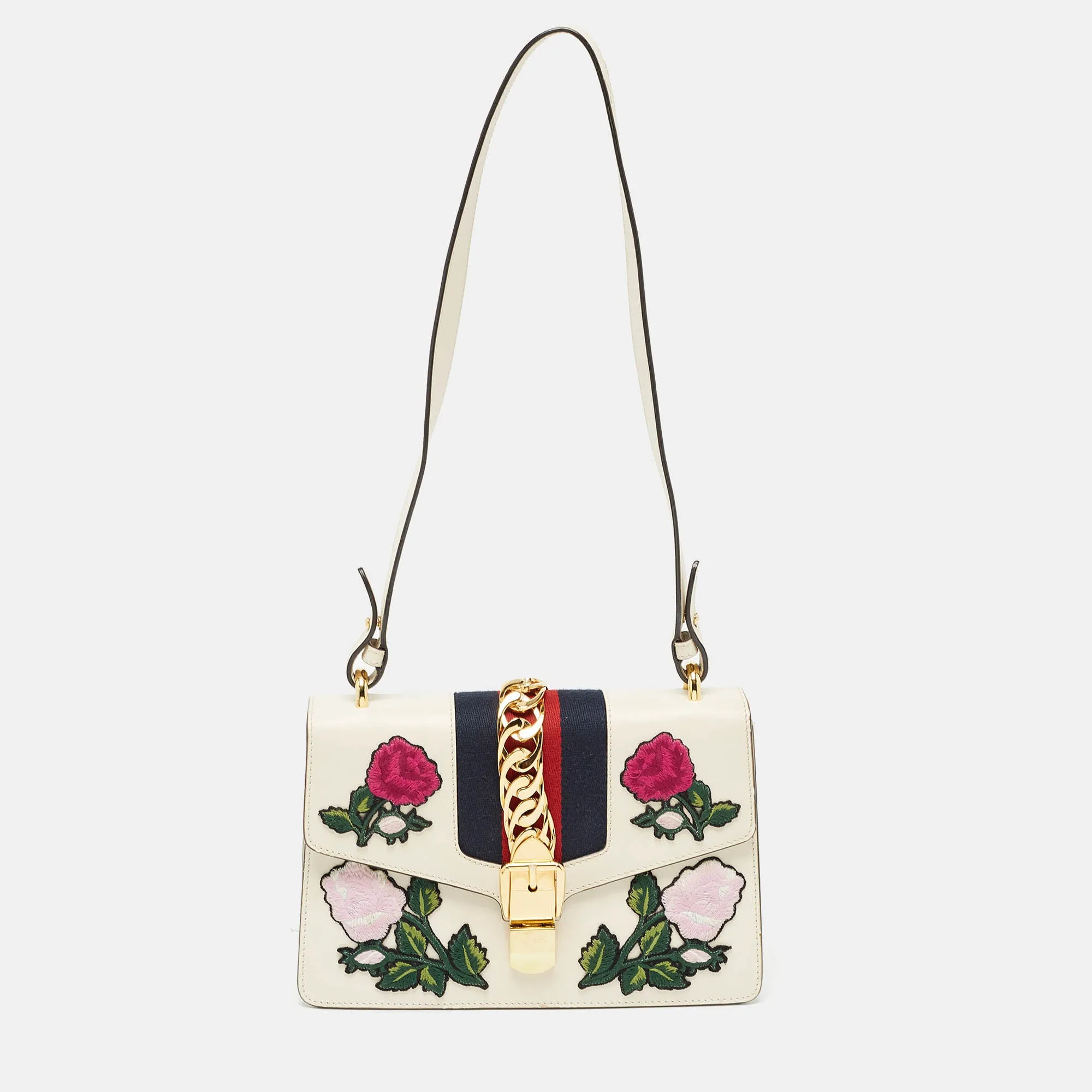 Off White Leather Small Web Embroidered Sylvie Shoulder Bag