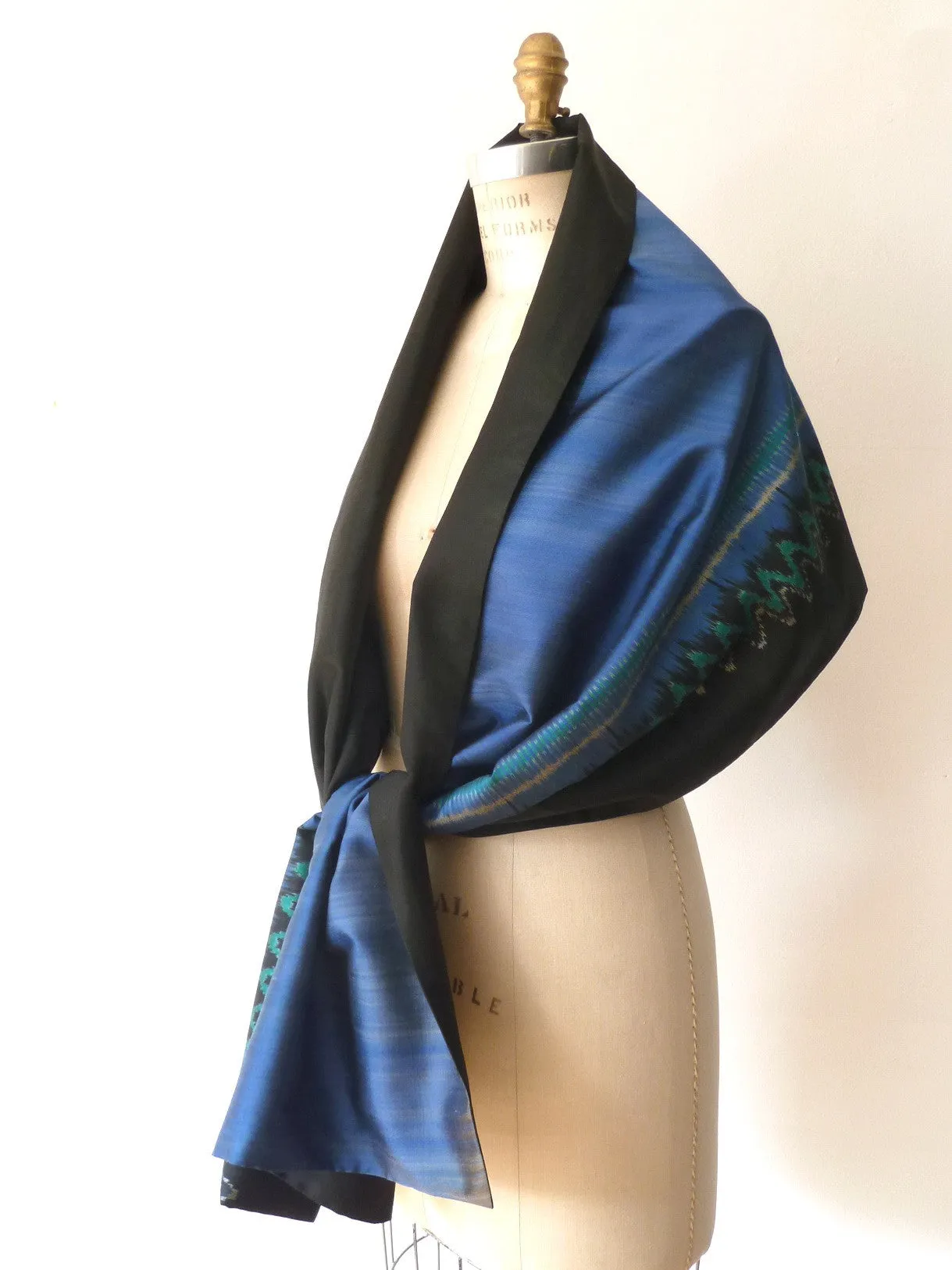 Silk Ikat Double Sided Shawl Black And Midnight Blue