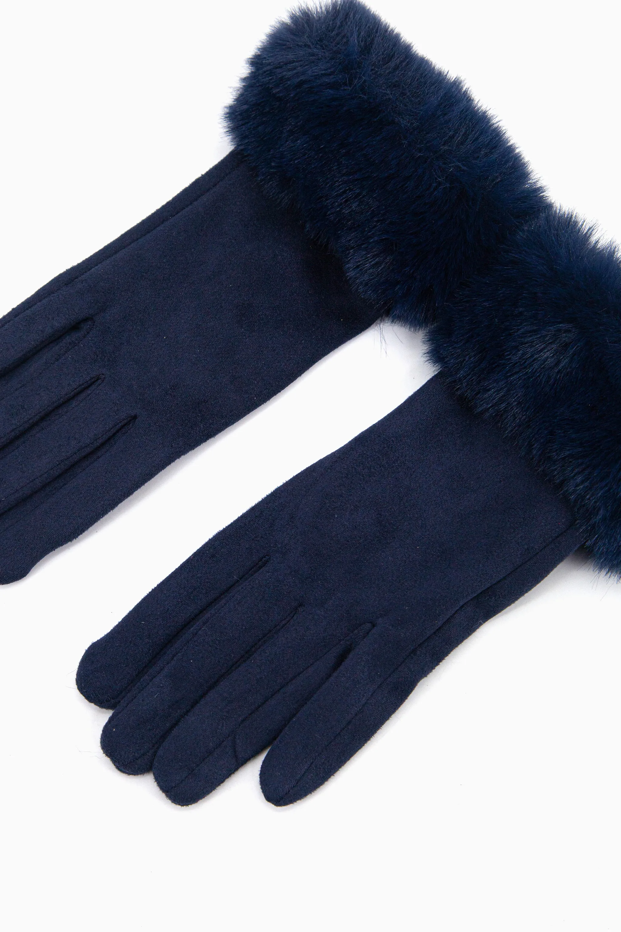 Zara Faux Fur Cuff Gloves - Navy Blue, Velvet