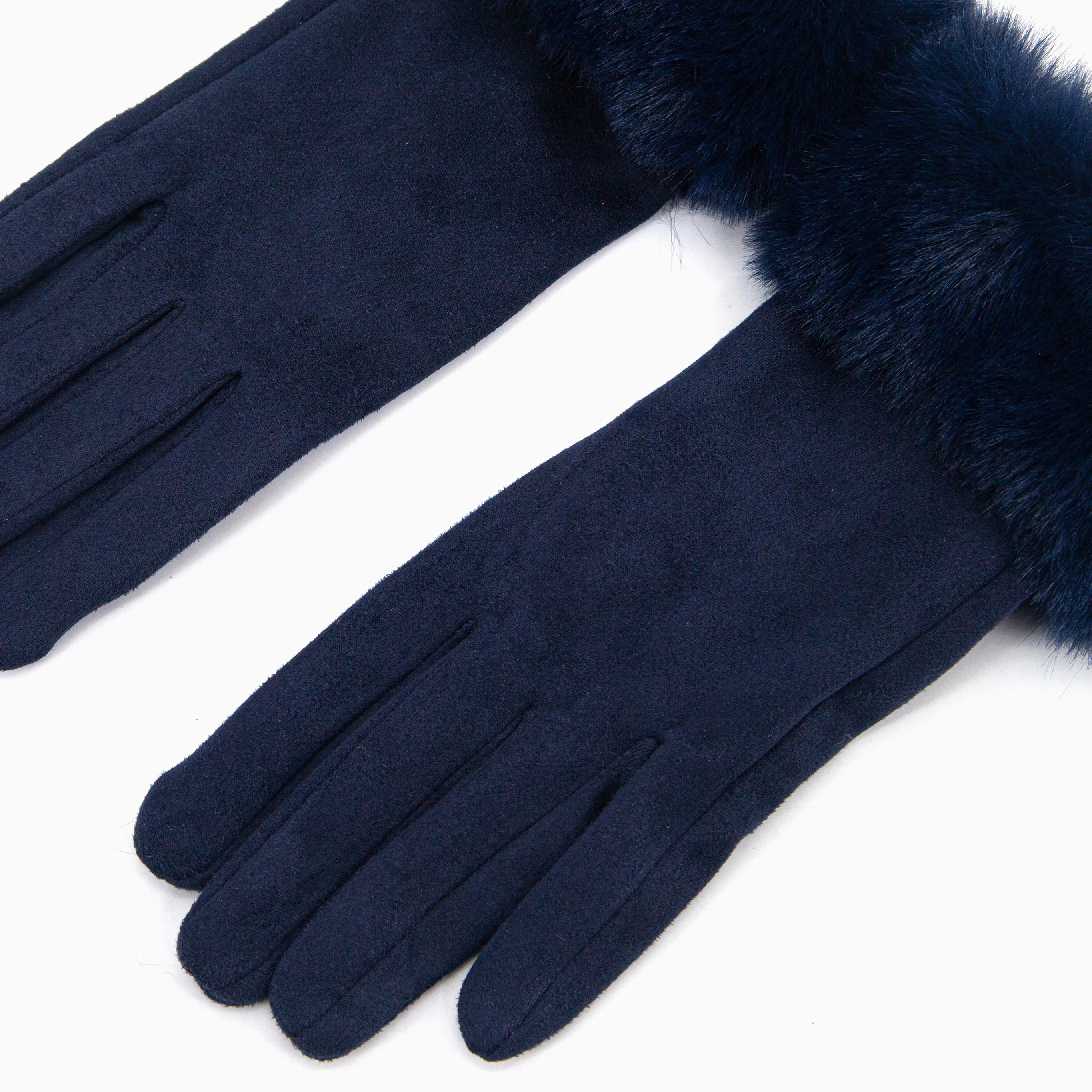 Zara Faux Fur Cuff Gloves - Navy Blue, Velvet