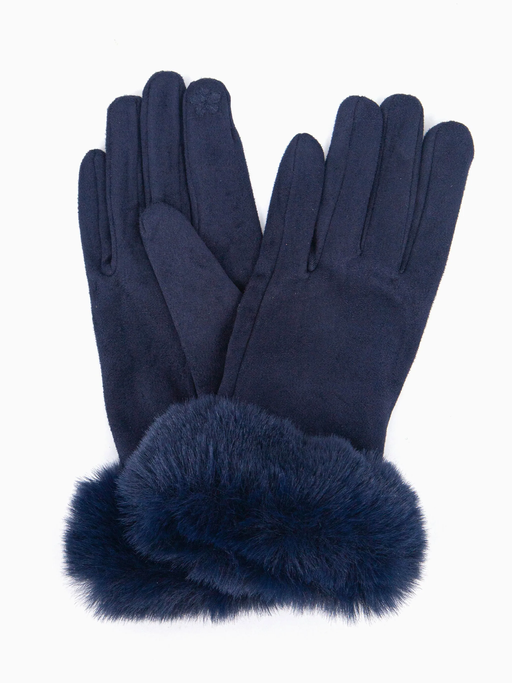 Zara Faux Fur Cuff Gloves - Navy Blue, Velvet