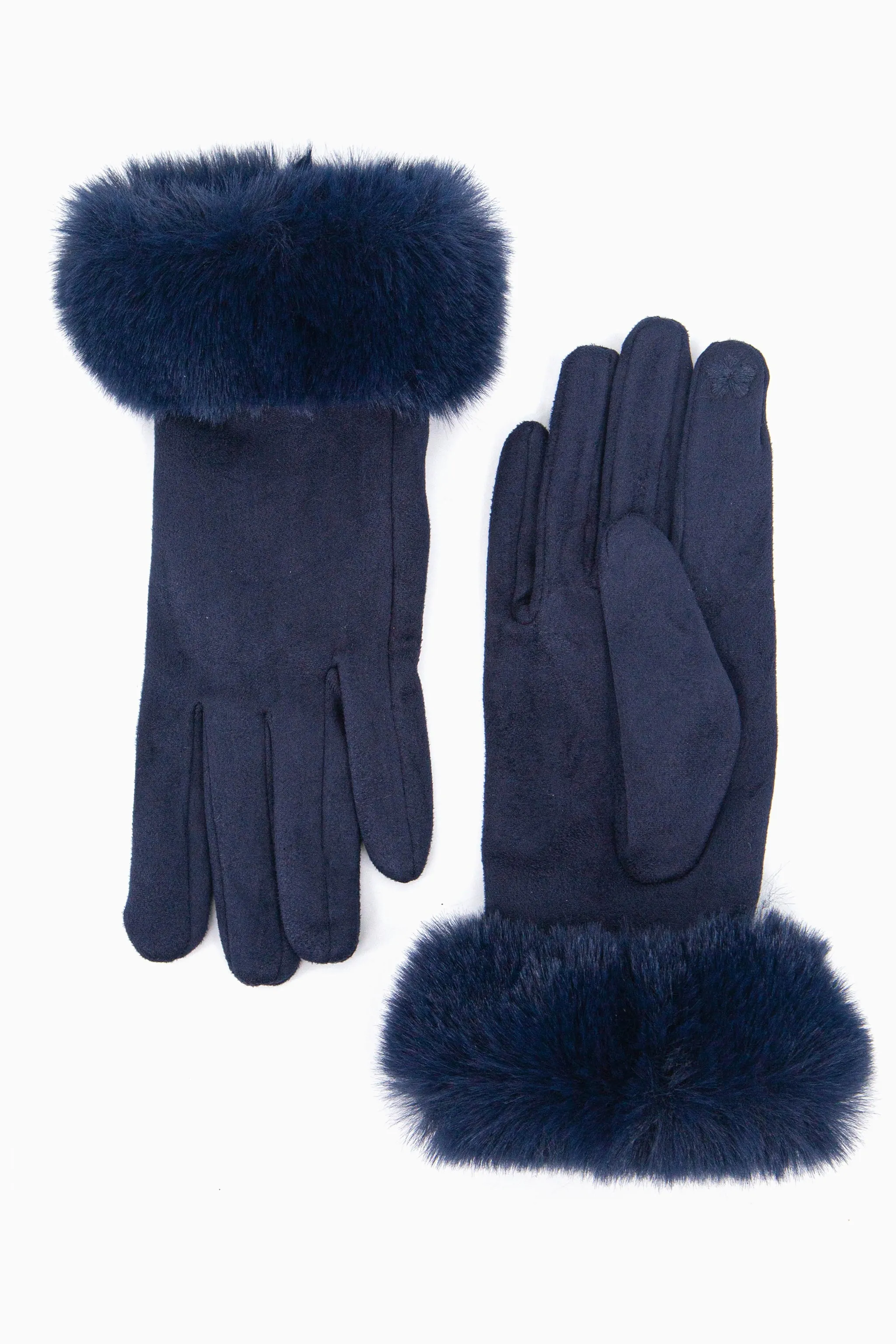 Zara Faux Fur Cuff Gloves - Navy Blue, Velvet