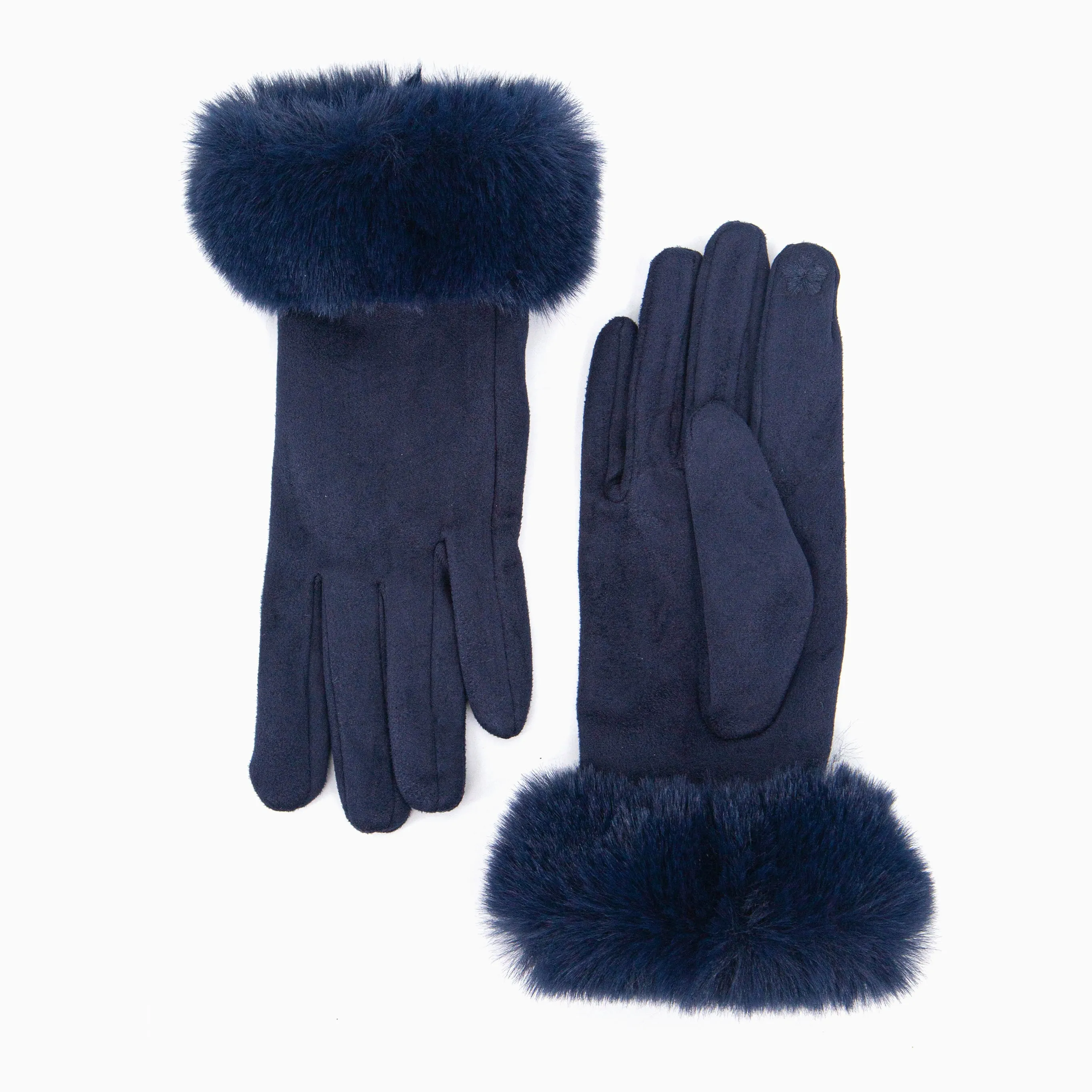 Zara Faux Fur Cuff Gloves - Navy Blue, Velvet