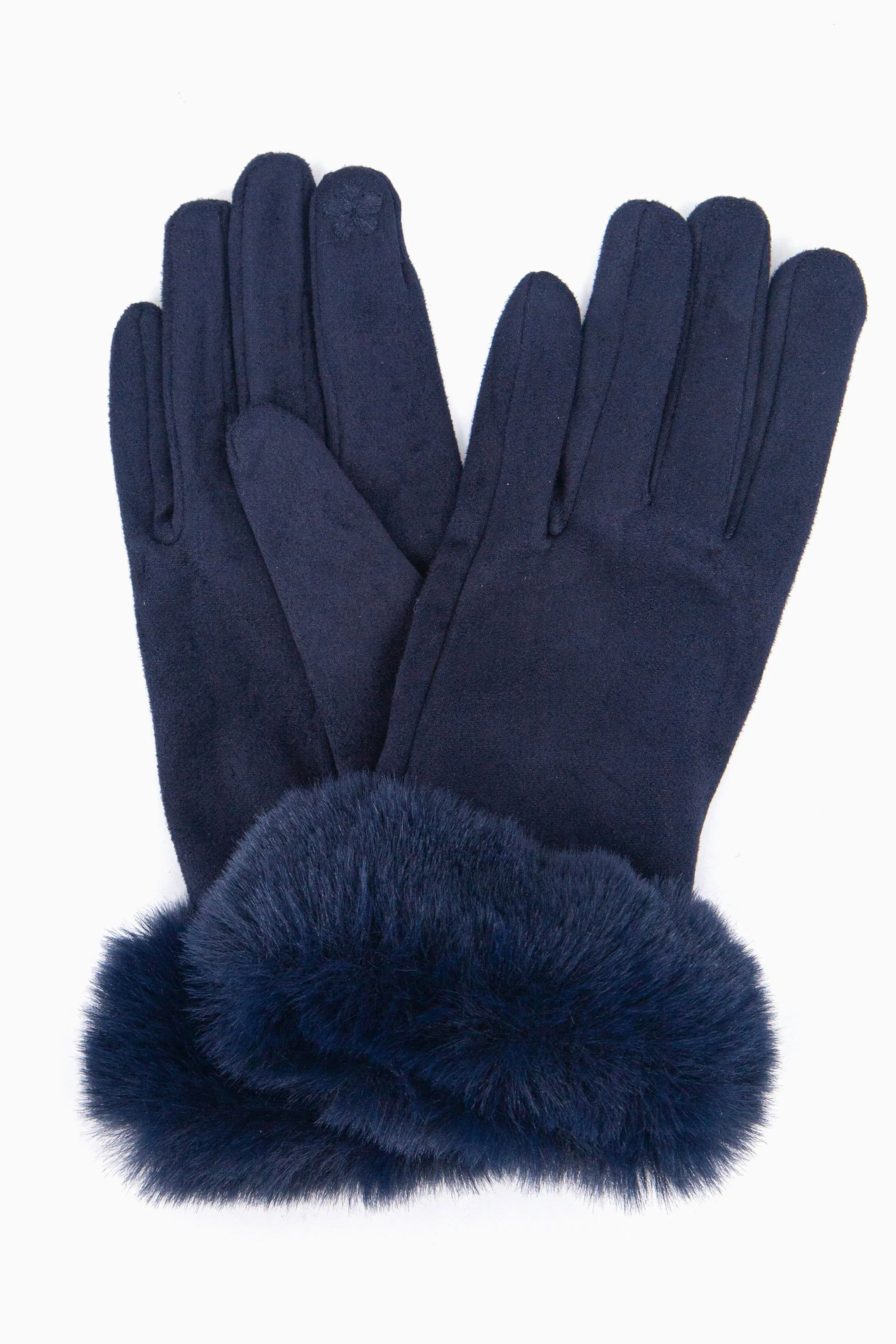 Zara Faux Fur Cuff Gloves - Navy Blue, Velvet