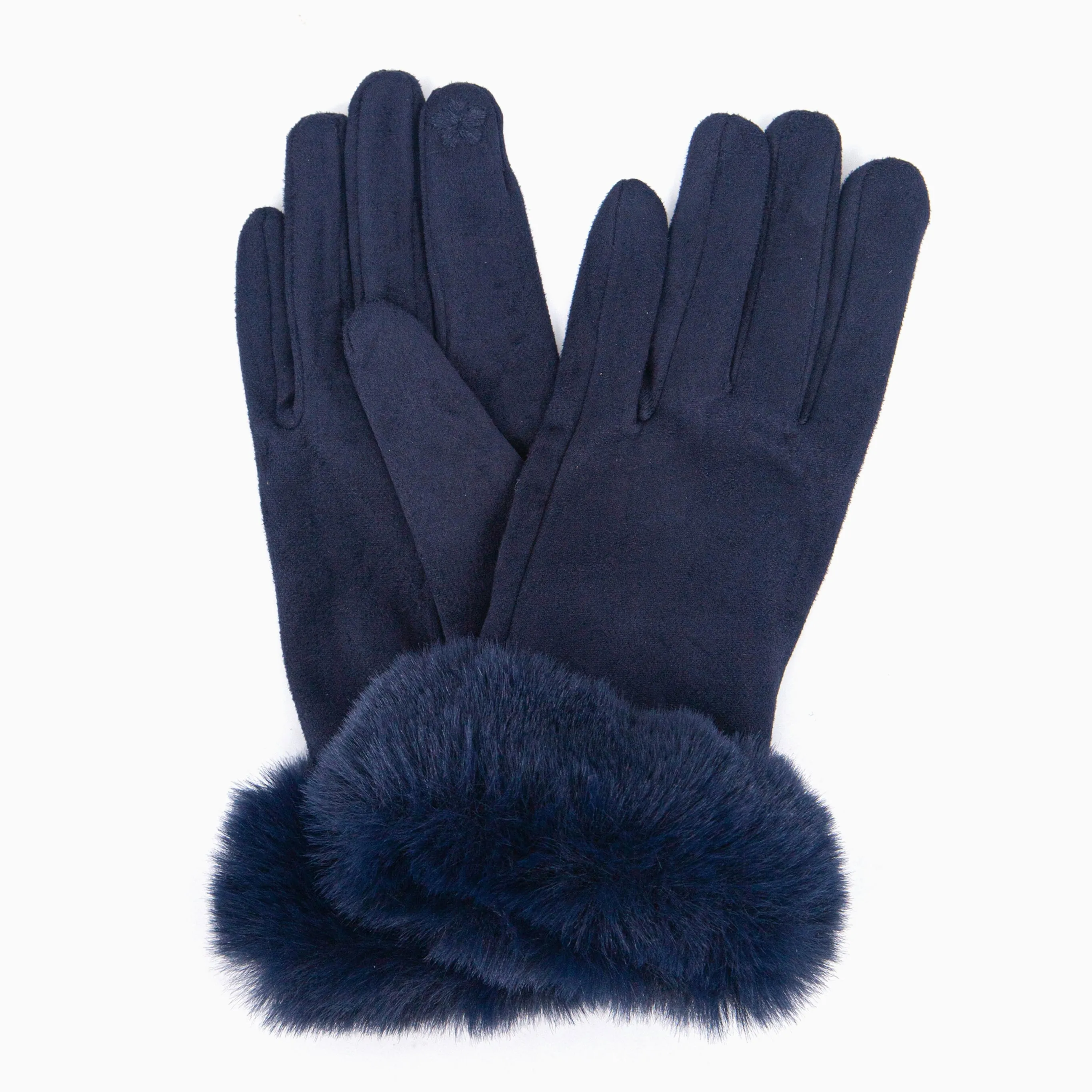 Zara Faux Fur Cuff Gloves - Navy Blue, Velvet