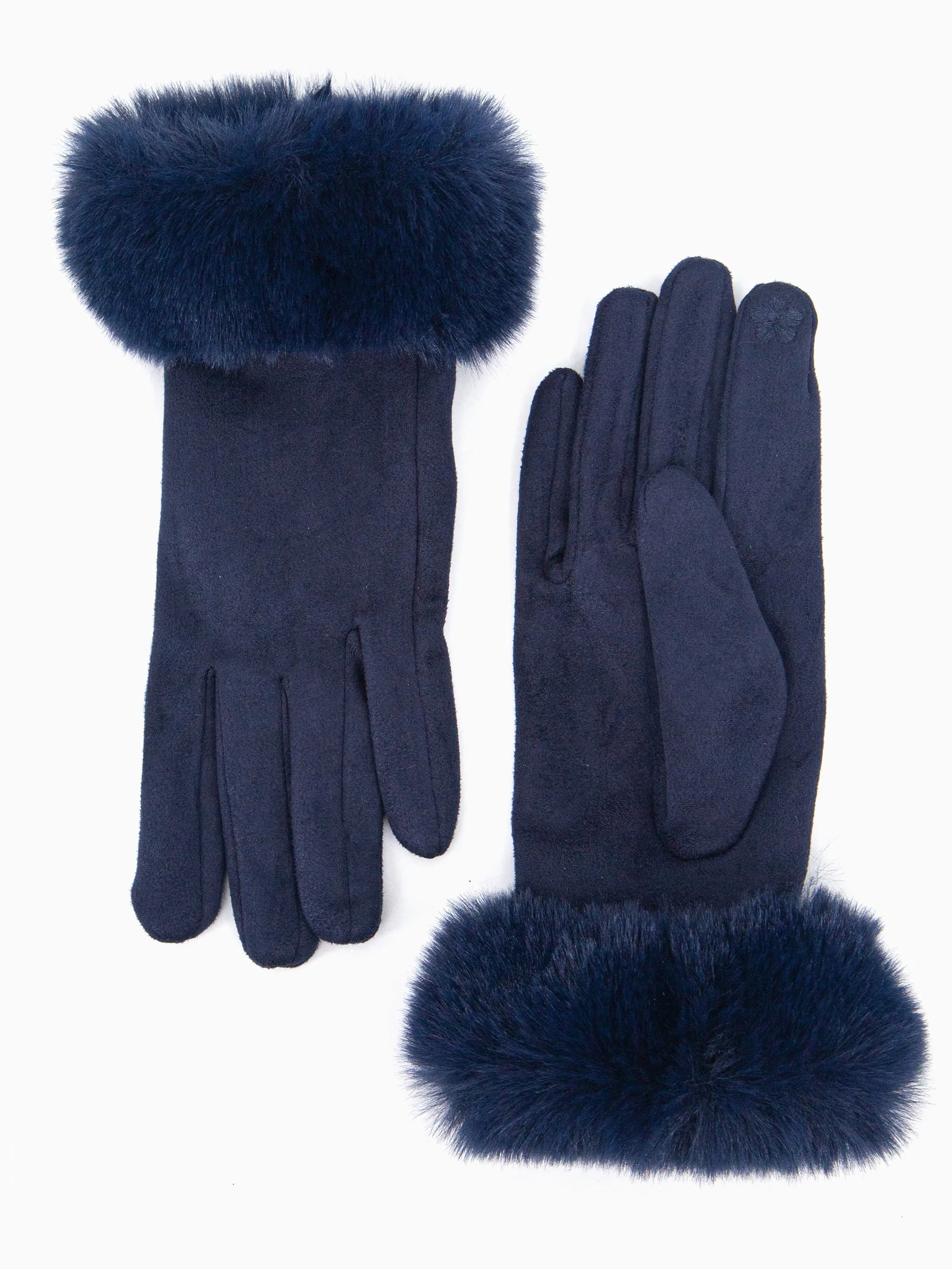 Zara Faux Fur Cuff Gloves - Navy Blue, Velvet