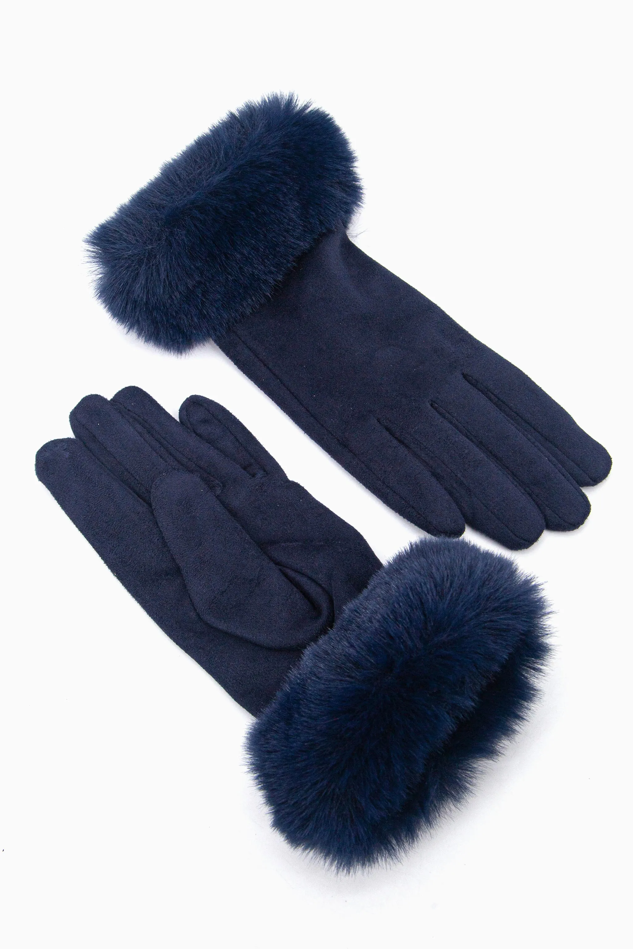 Zara Faux Fur Cuff Gloves - Navy Blue, Velvet