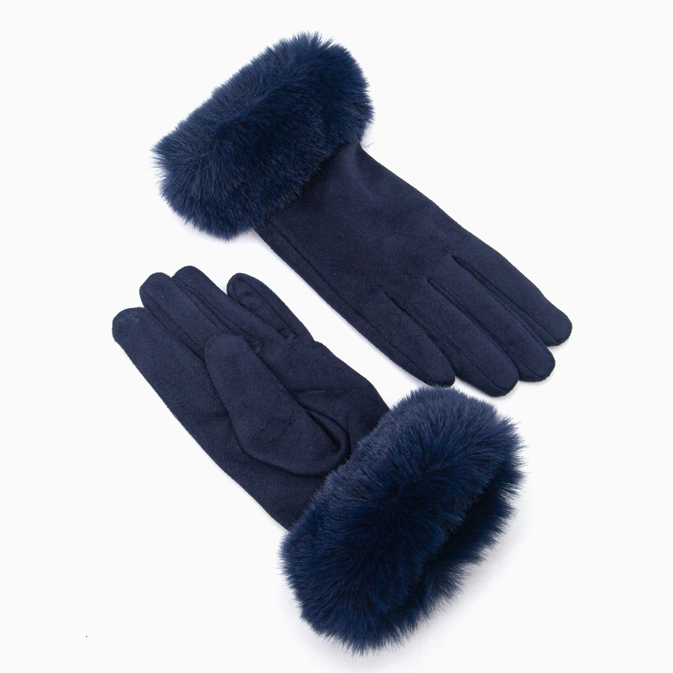 Zara Faux Fur Cuff Gloves - Navy Blue, Velvet