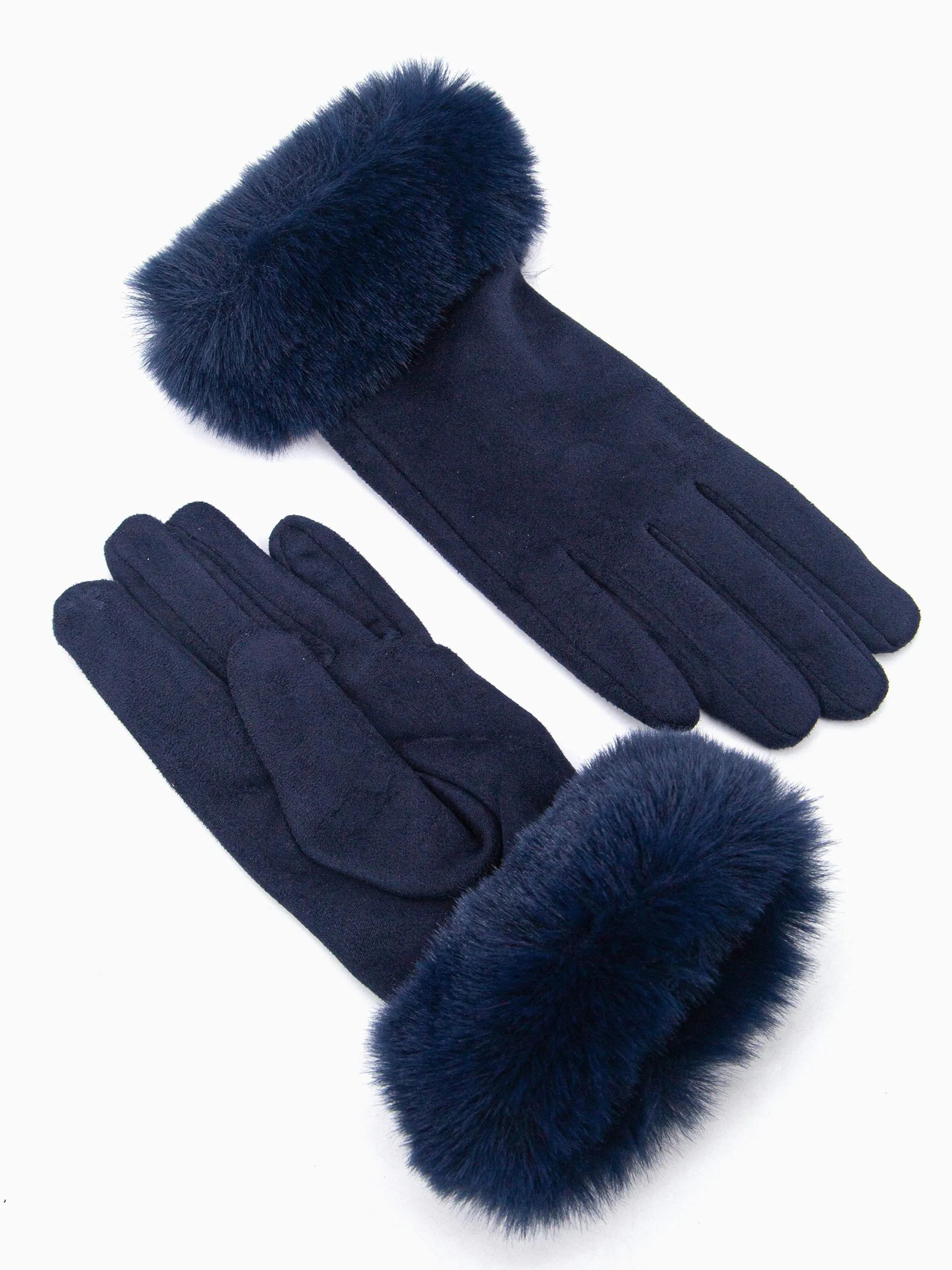 Zara Faux Fur Cuff Gloves - Navy Blue, Velvet