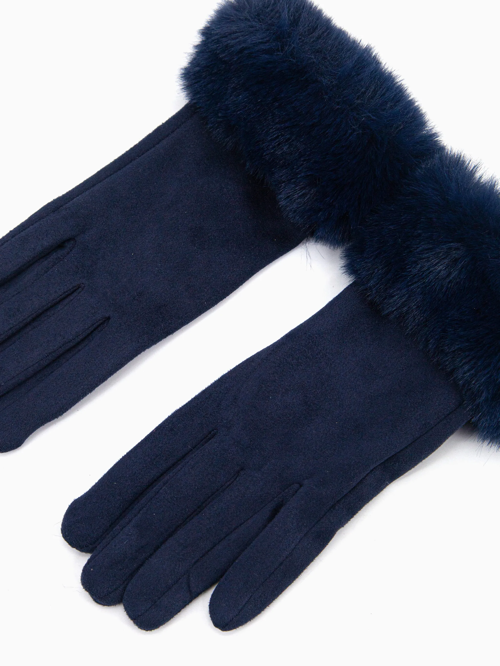 Zara Faux Fur Cuff Gloves - Navy Blue, Velvet